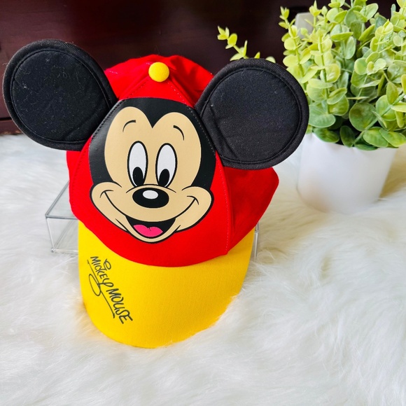 NWT Disney Parks Mickey Mouse Face Baseball Snapback Cap Hat 3D Ears Red/Yellow - Picture 1 of 11